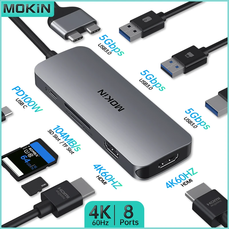 

MOKiN 8-in-2 Docking Station for MacBook Air/Pro iPad Thunderbolt Laptop USB HUB to USB3.0 HDMI 4K60Hz PD 100W SD/TF Card Reader