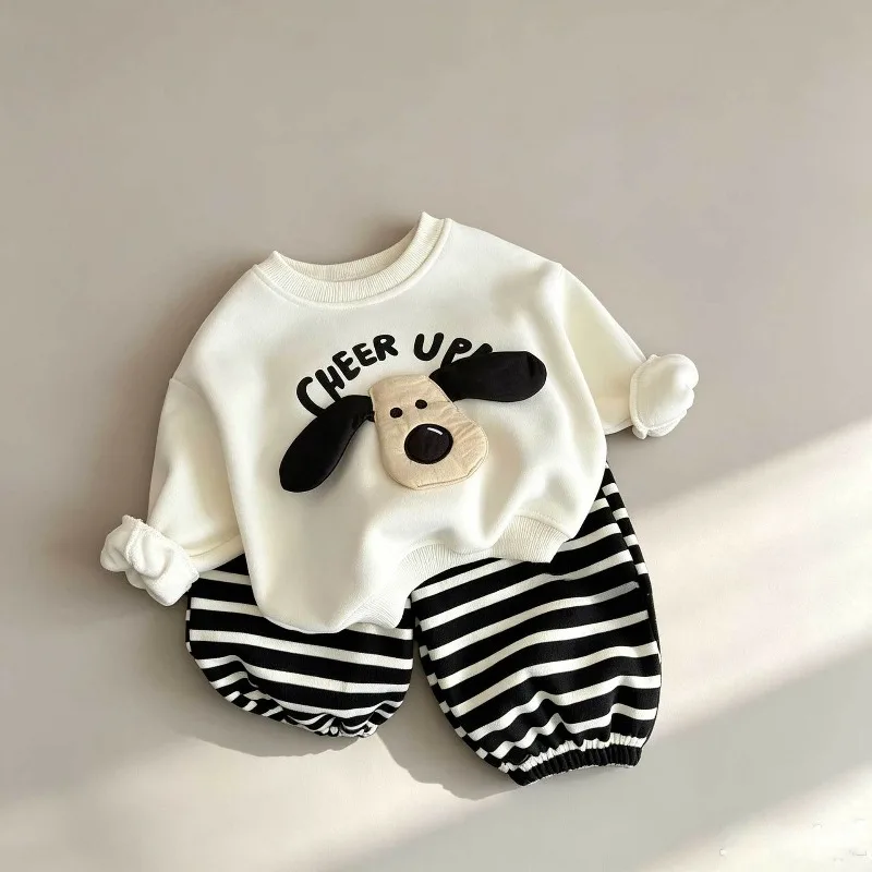 Bellbell Herbst Kinder Jungen Zweiteiliges Kleidungsset Hundemuster Kinder Jungen Sweatshirt 1-6 Jahre Kleinkind Babys Jungen Gestreifte Hosenanzüge – Detail 2