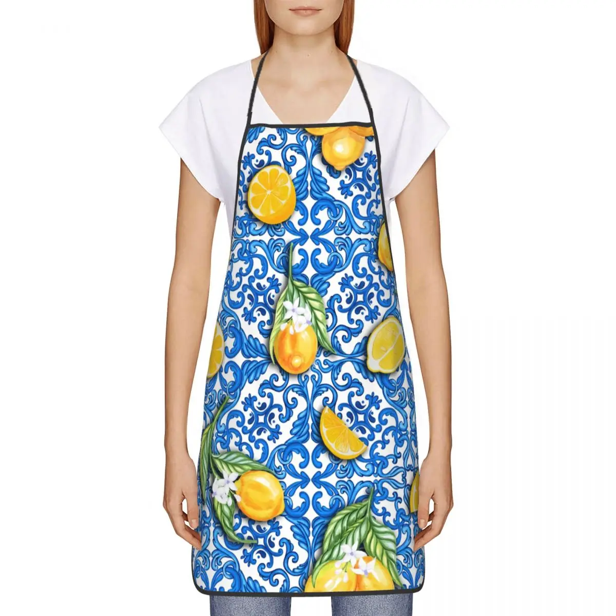 Custom Sicilian Tiles Summer Fruit Oranges Lemons Bib Apron Unisex Kitchen Chef Tablier Cuisine for Cooking Baking Painting