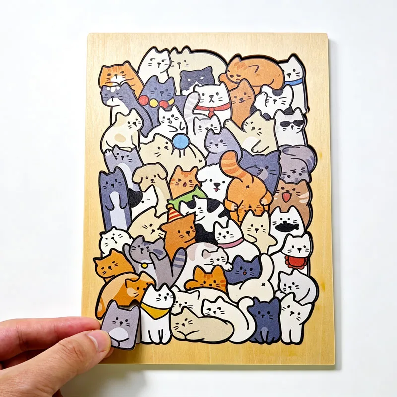 Unique Irregular 50 Piece Cartoon Animal Cat Shaped Wooden Jigsaw Puzzle Patient Stress Relief Creative Gifts For Adults