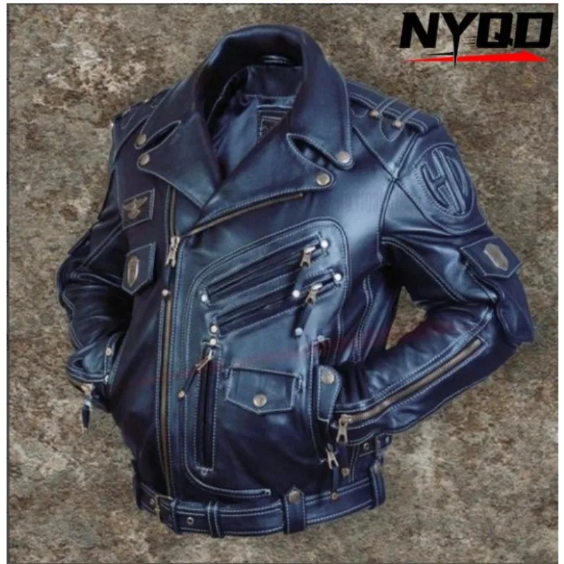 Motorcycle suit zipper cardigan leather button multi pocket personalized design men's coat travel coat motorcycle jacket