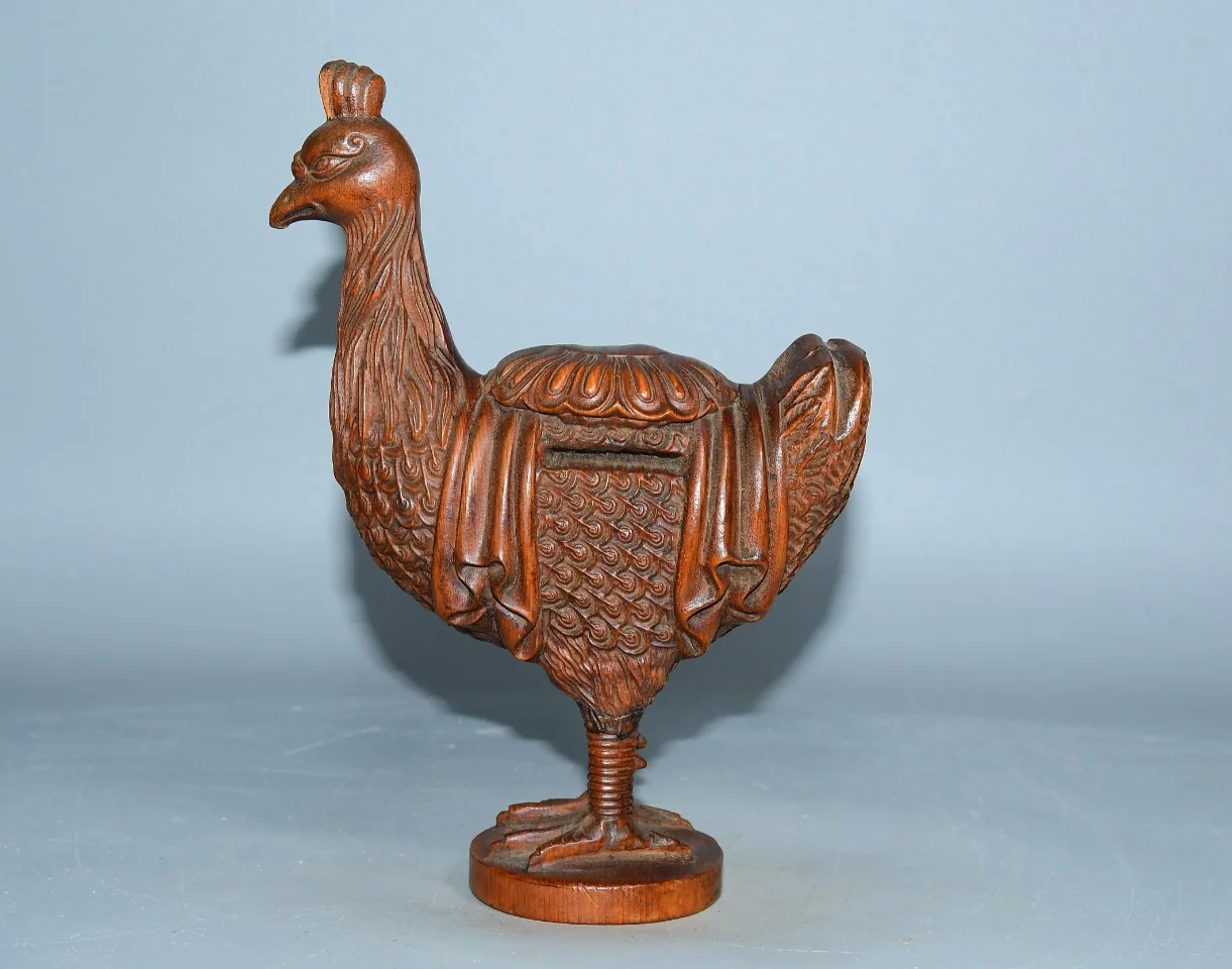 

8"Tibetan Temple Collection Old Boxwood Wooden Chicken Statue posing as a pheasant standing on one foot Amass wealth Ornaments