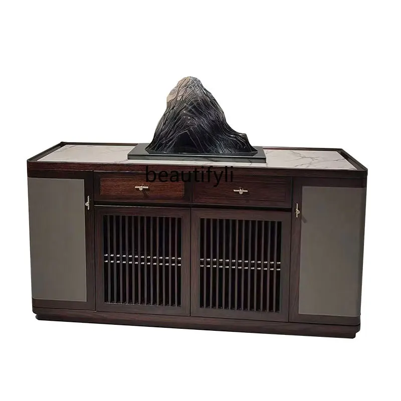 

New Chinese side cabinet, ebony entrance solid wood locker, living room modern rock slab decorative storage cabinet