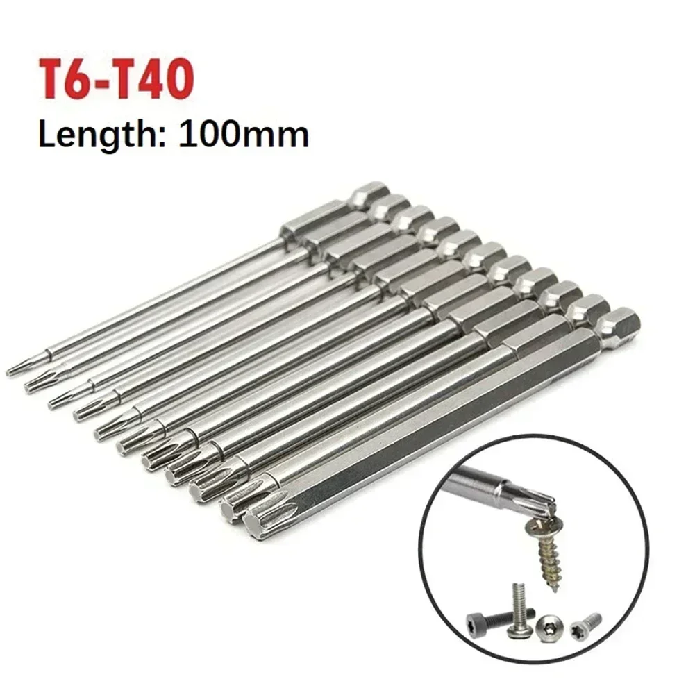 1pc Magnetic Torx Screwdriver Bits 100mm 6.35mm Hex Shank Star Head Hand Tools T7 T8 -T27 T30 T40 Series