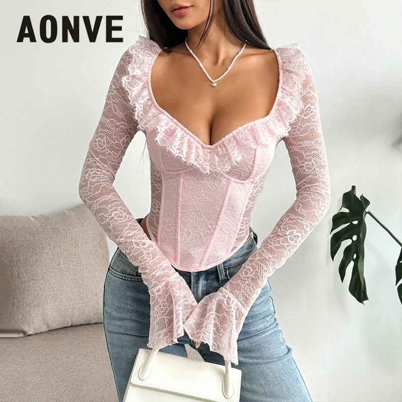 

AONVE розовый кружевной топ, сексуальный прозрачный укороченный бюстье с глубоким V-образным вырезом и пуш-ап, рубашки с длинными рукавами, формирователь талии, женский корсет