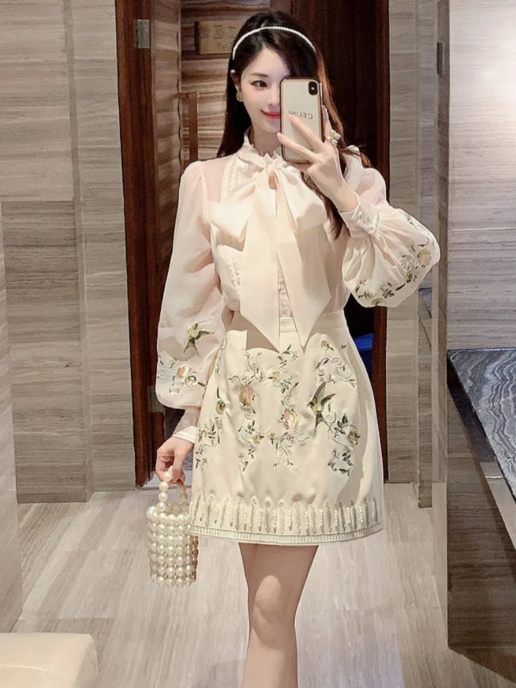 French Elegant Style Embroidered Lace Up Bow Top Two-Piece Set Women's Sweet Flower Bird Skirt 2 Piece Outfits