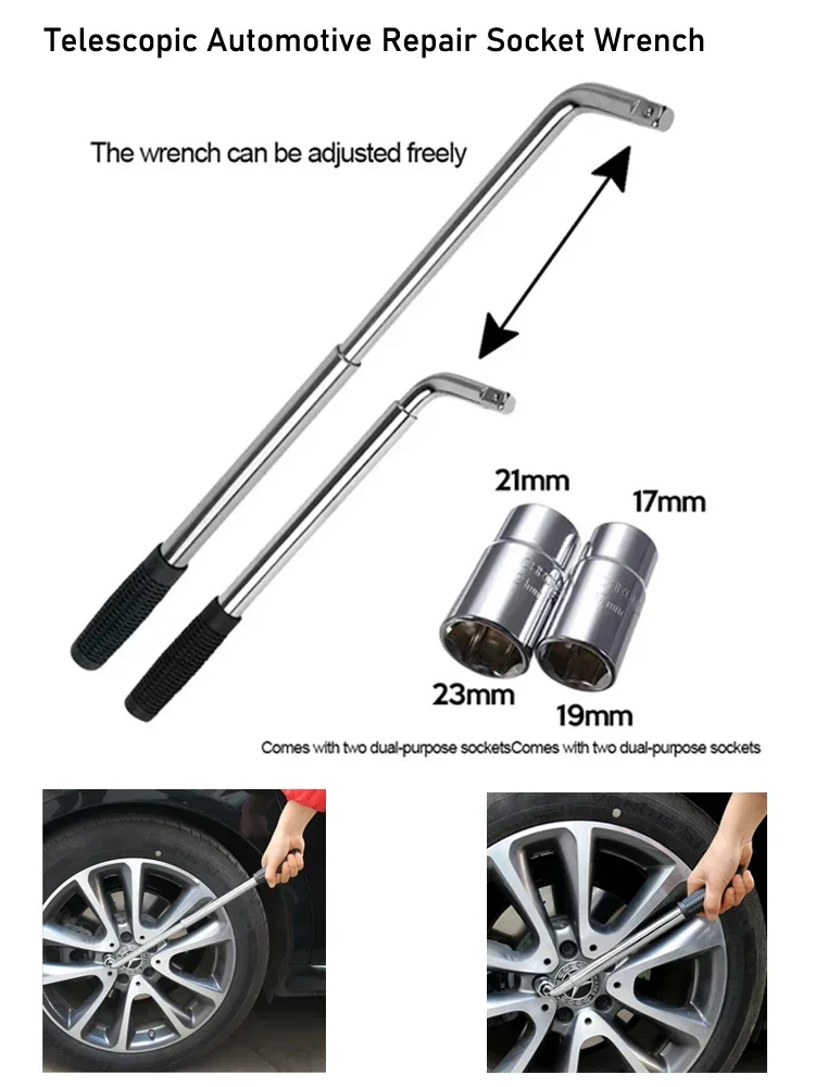 Tire Socket Wrench Set with Extended Telescopic Rod for Tire Repair Durable L-Type Wheel Lug Wrench with Socket 17/19 21/23mm