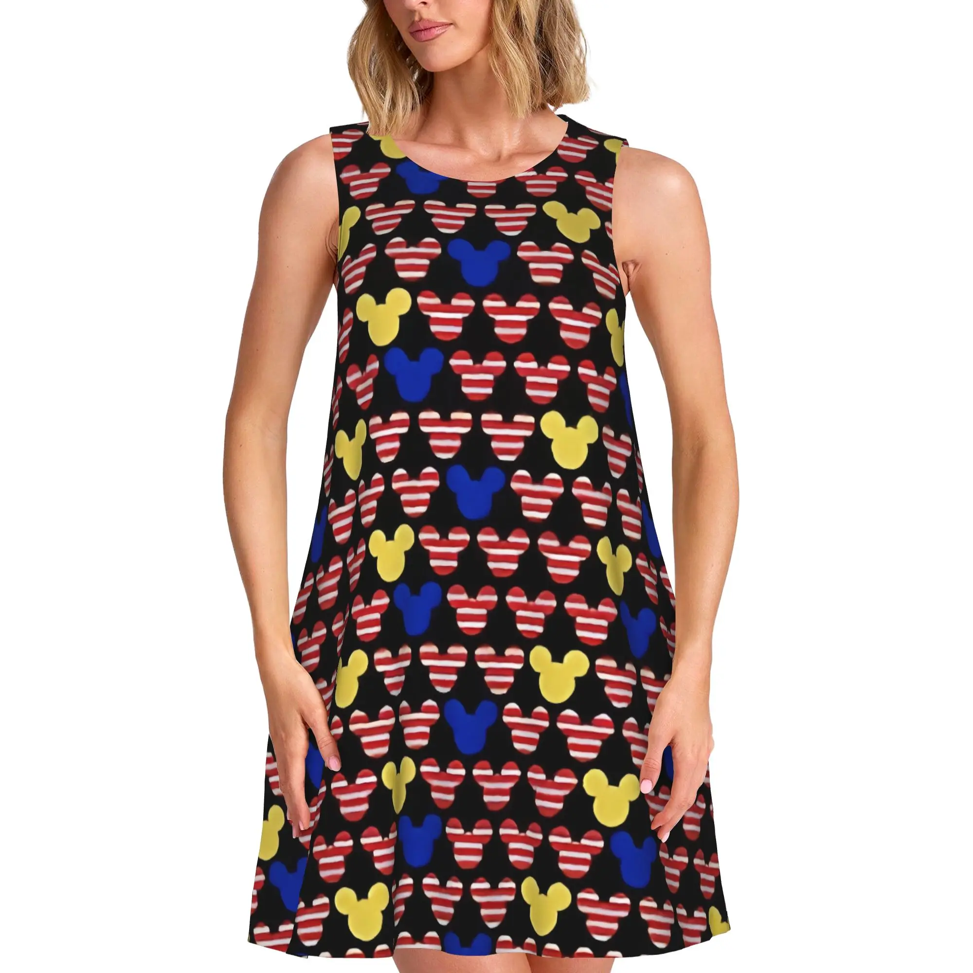Летние женские платья с принтом Микки, платье без рукавов, повседневная юбка, повседневная базовая одежда
