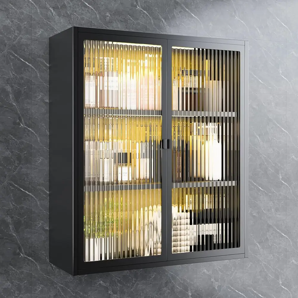 

Черный 3-ярусный настенный шкаф для хранения с 2 стеклянными дверцами для ванной комнаты и прачечной