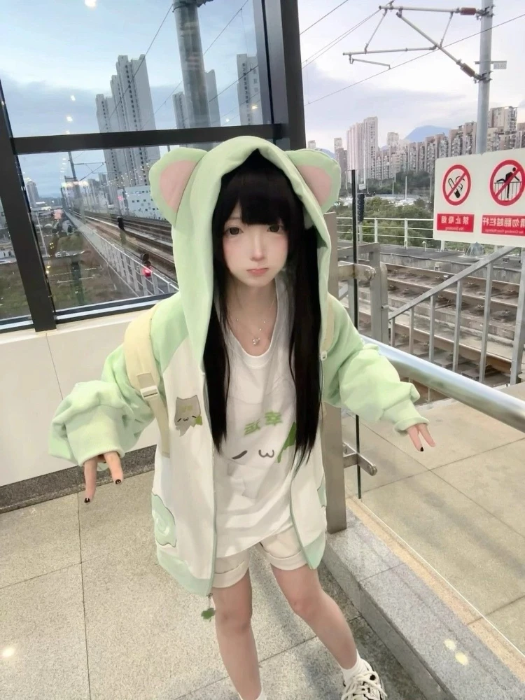 

Harajuku милая куртка с капюшоном и длинными рукавами, женская повседневная куртка с медвежьими ушками Y2k Kawaii, пальто на молнии с вышивкой в стиле аниме, осень 2023 г.