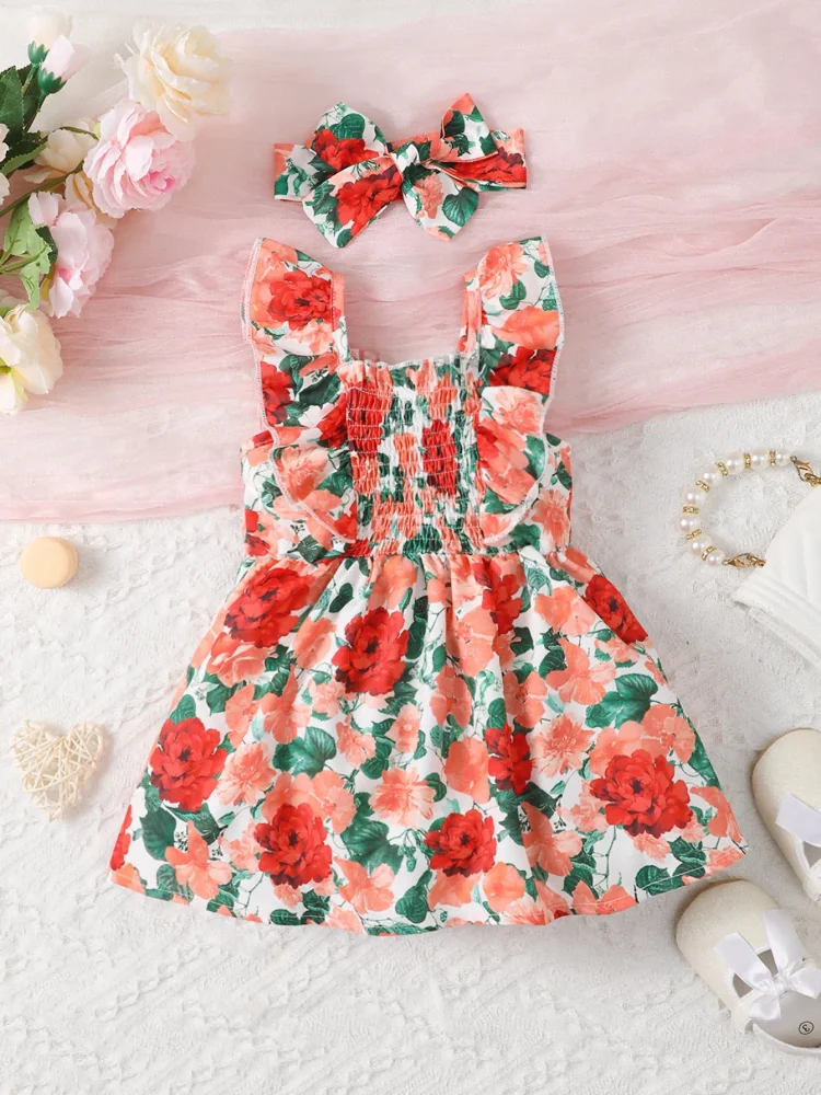 0-2 Year Old Baby Girl Summer Fashion Print Wrap Up Dress With Headwear