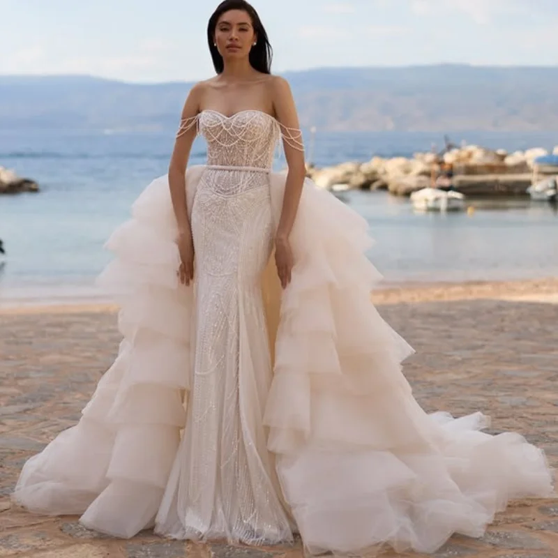 

Shiny ivory white fishtail Appliques Wedding Dresses Sequin beads decal Lace layering off-shoulder Bridal Gowns Made Customized