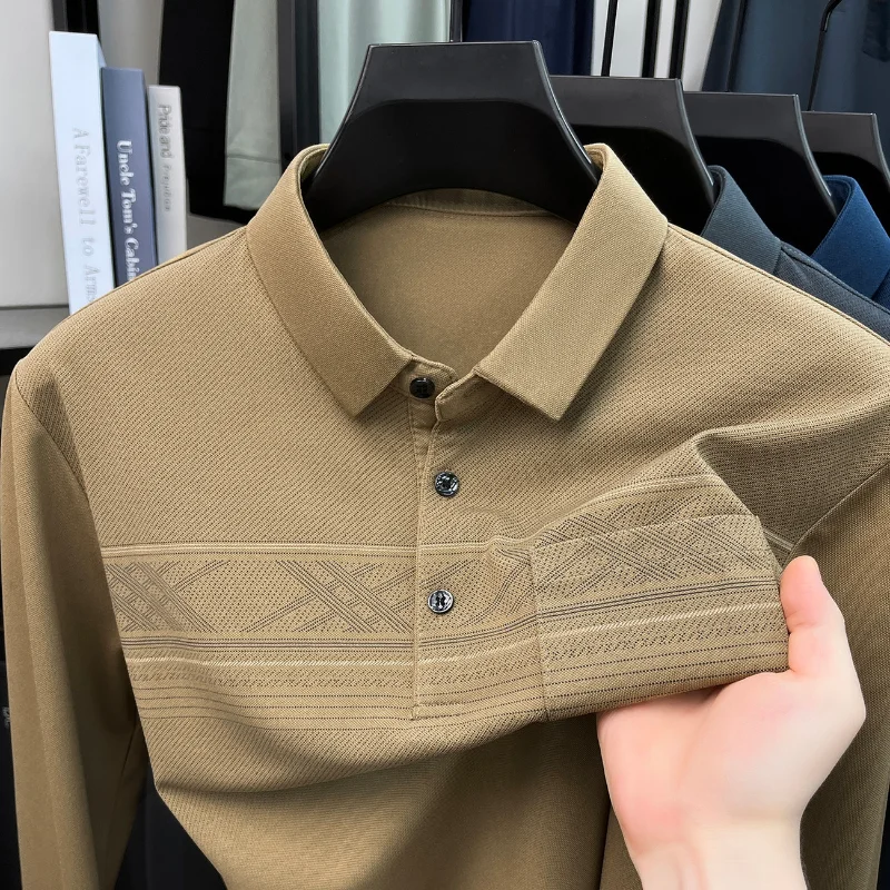 Men Thin Long Sleeve Polo Shirt Lapel With Real Pocket Loose Middle Aged Dad Spring Autumn Base Top