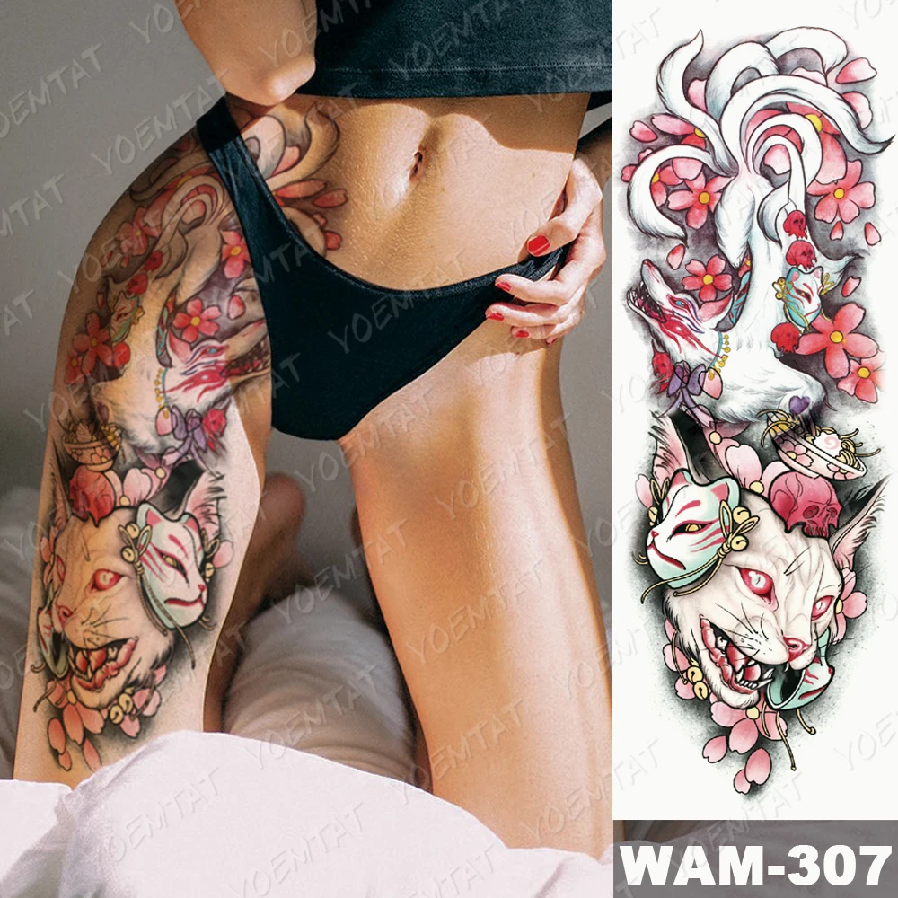 Large Arm Sleeve Tattoo Ninetales Sakura Cat Demon Waterproof Temporary Tattoo Stickers Japanese Body Art Full Fake Tatoo Women