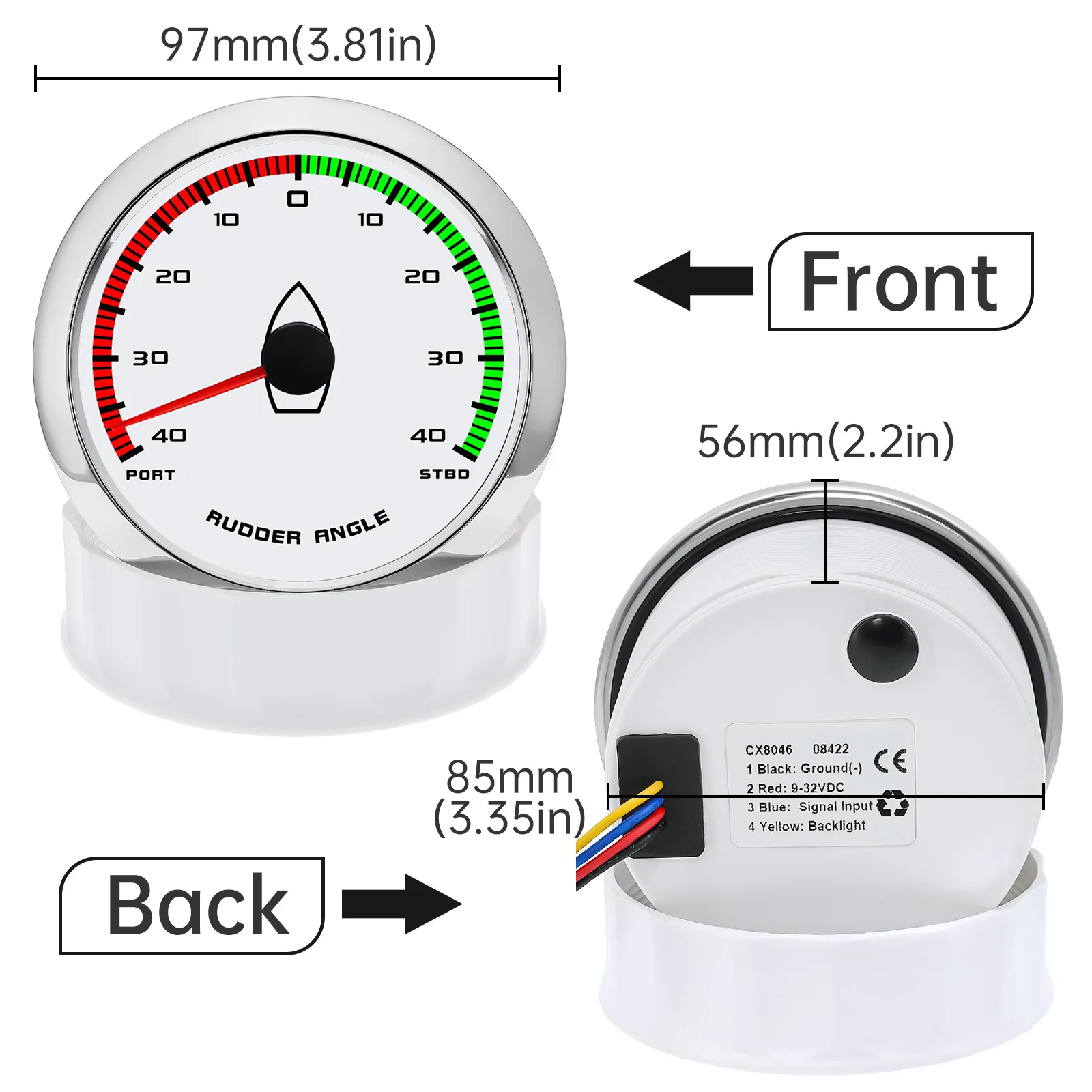 0-190 ohm 85MM Rudder Angle Gauge Boat Marine Rudder Angle Indicator With Rudder Angle Sensor 12V 24V for Marine Yacht Boat