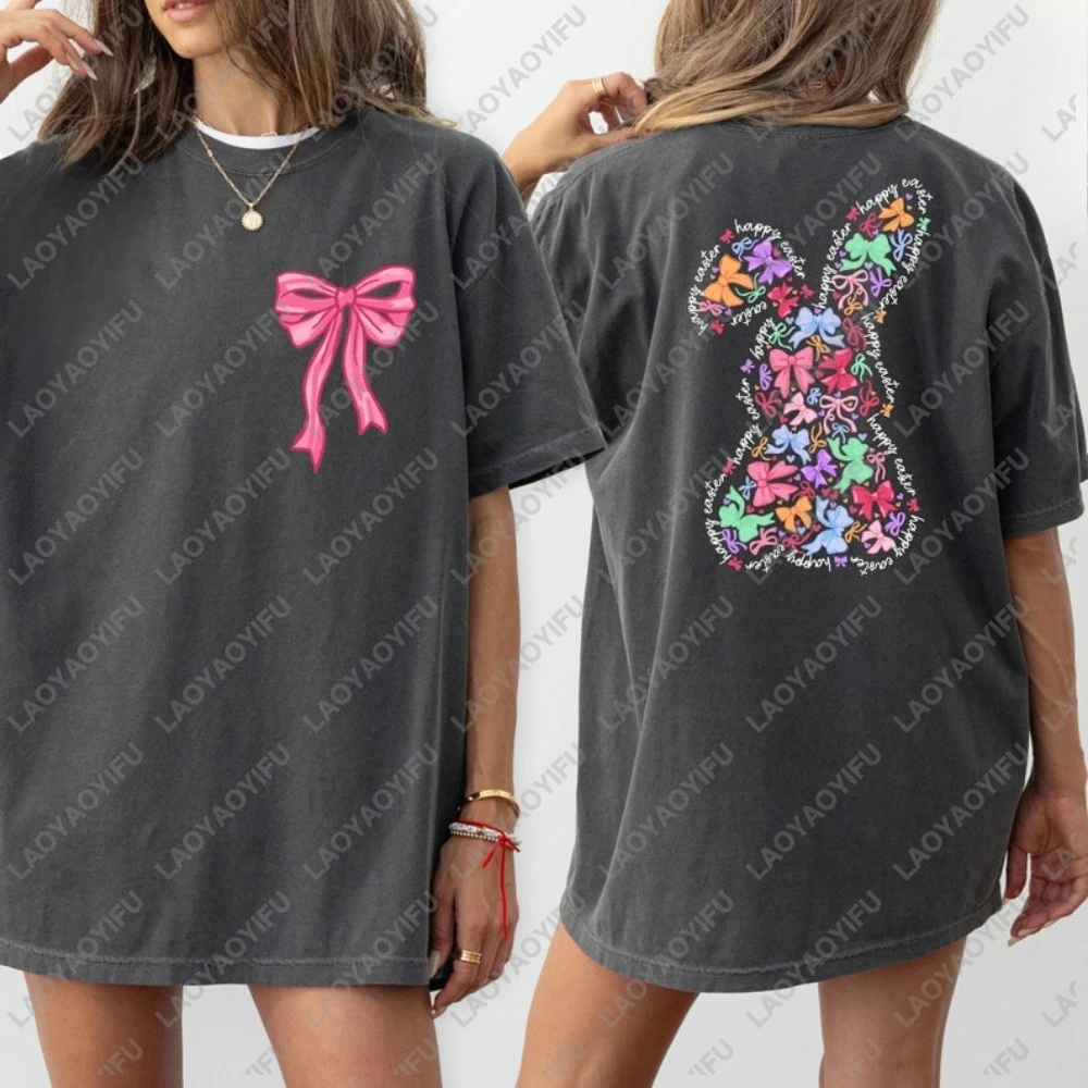 

Happy Easter Day T-Shirt Coquette Bow Bunny Double-sided Breathable Pure Cotton Shirt Street Style Is Suitable For Gift Clothing