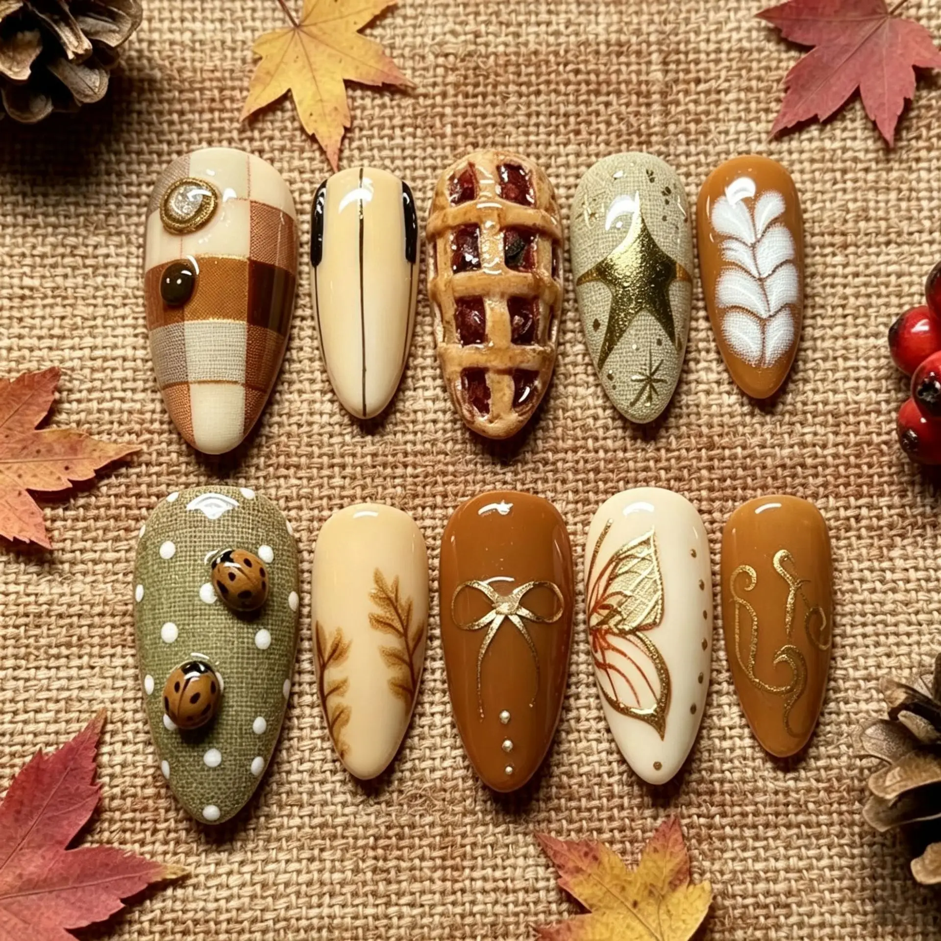 30pcs 3D Pie Grid Ladybug Press On Nails Plaid Checkerboard Maple Leaf Bow Fake Nail Gold Butterfly Almond False Nail for Women