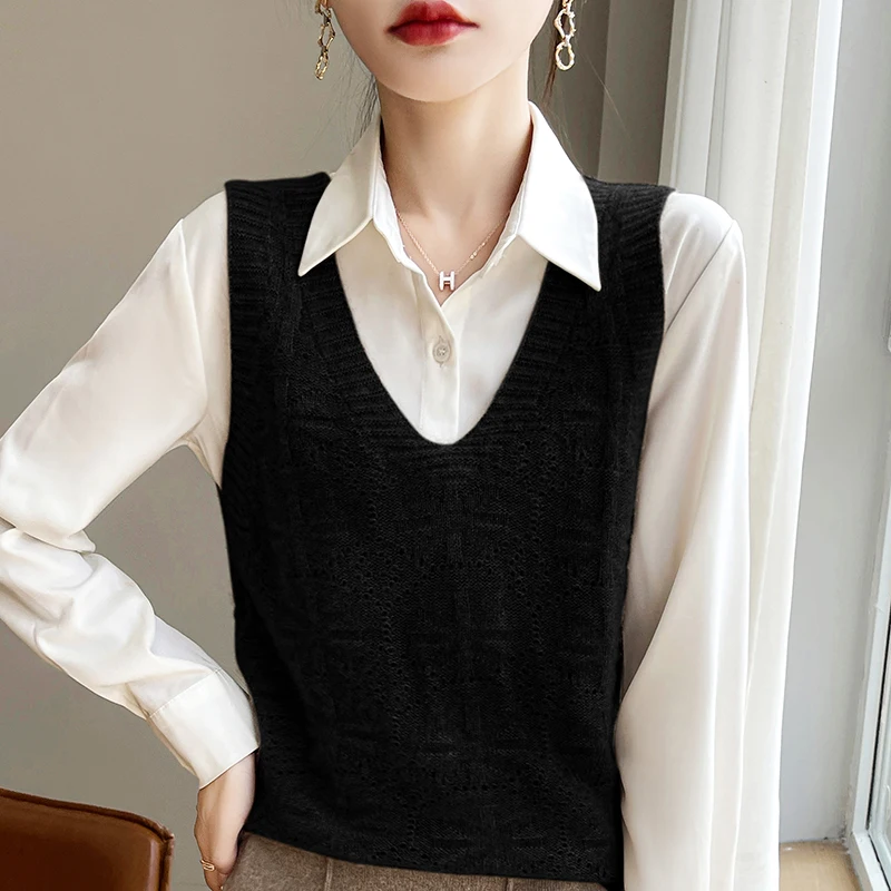 Women Hollow Knitted Sweater Vest New Autumn/Winter Loose Vintage  Sleeveless Sweater Women V-Neck Pullover Top Female Outerwear