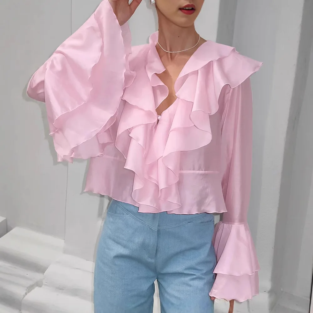 

French Court Chiffon Ruffle Top Women's Autumn Design Pink V-neck Horn Sleeve Shirt