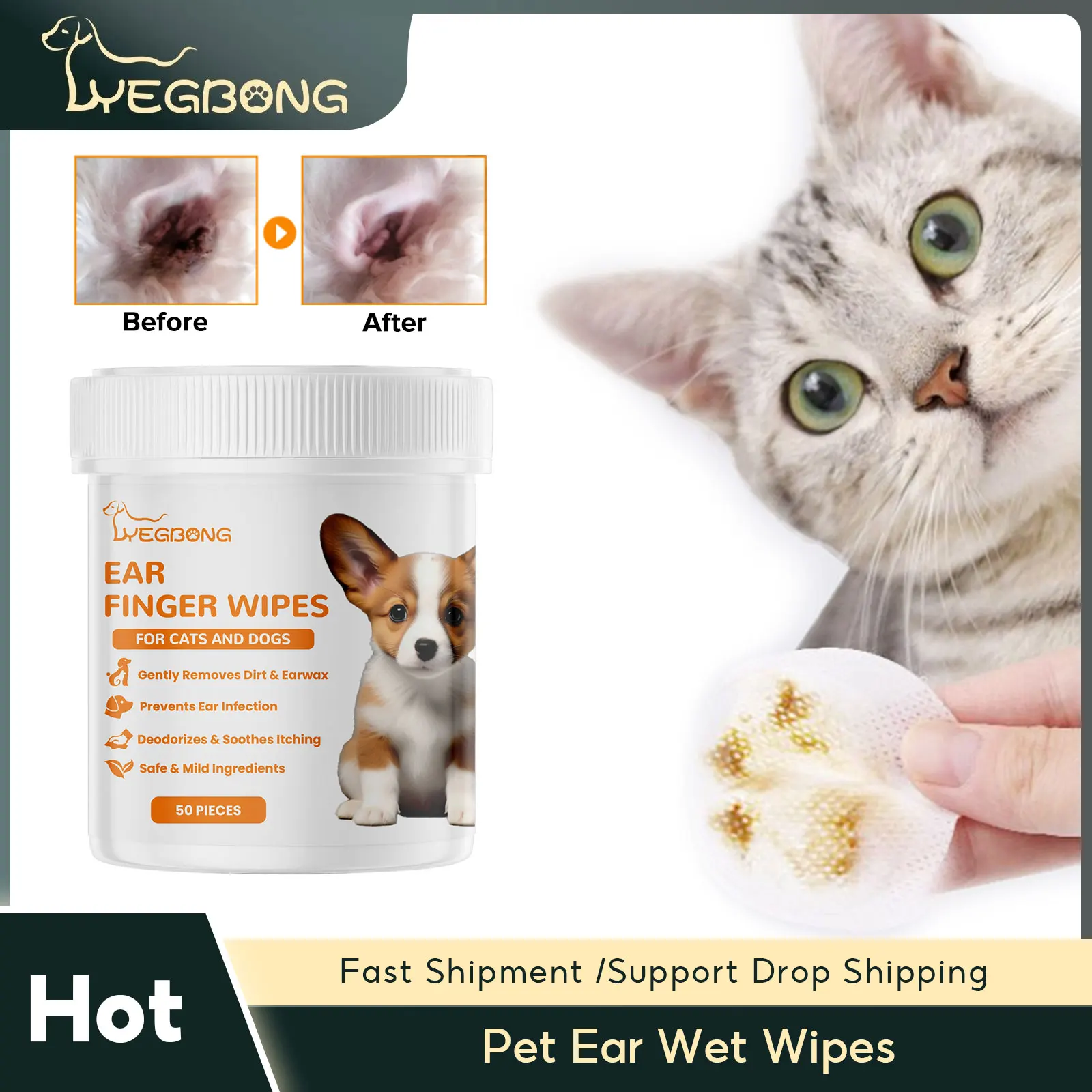 

Pet Ear Wet Wipes Dogs Eye Tear Earwax Stain Remover Cleaning Portable Wet Towels Cats Itch Relief Ditr Cleaner Ear Finger Wipes