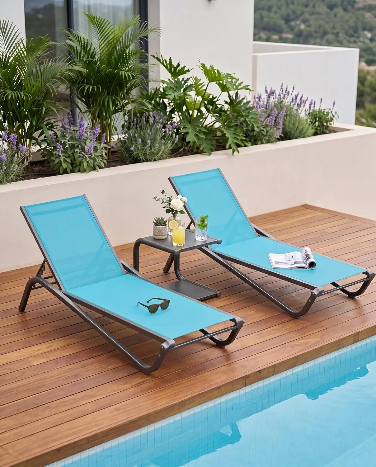 

Aluminum Textilene Chaise Lounge Set 2pc w/ Side Table 6-Position Stackable 400lbs Pool Deck Balcony, Customized