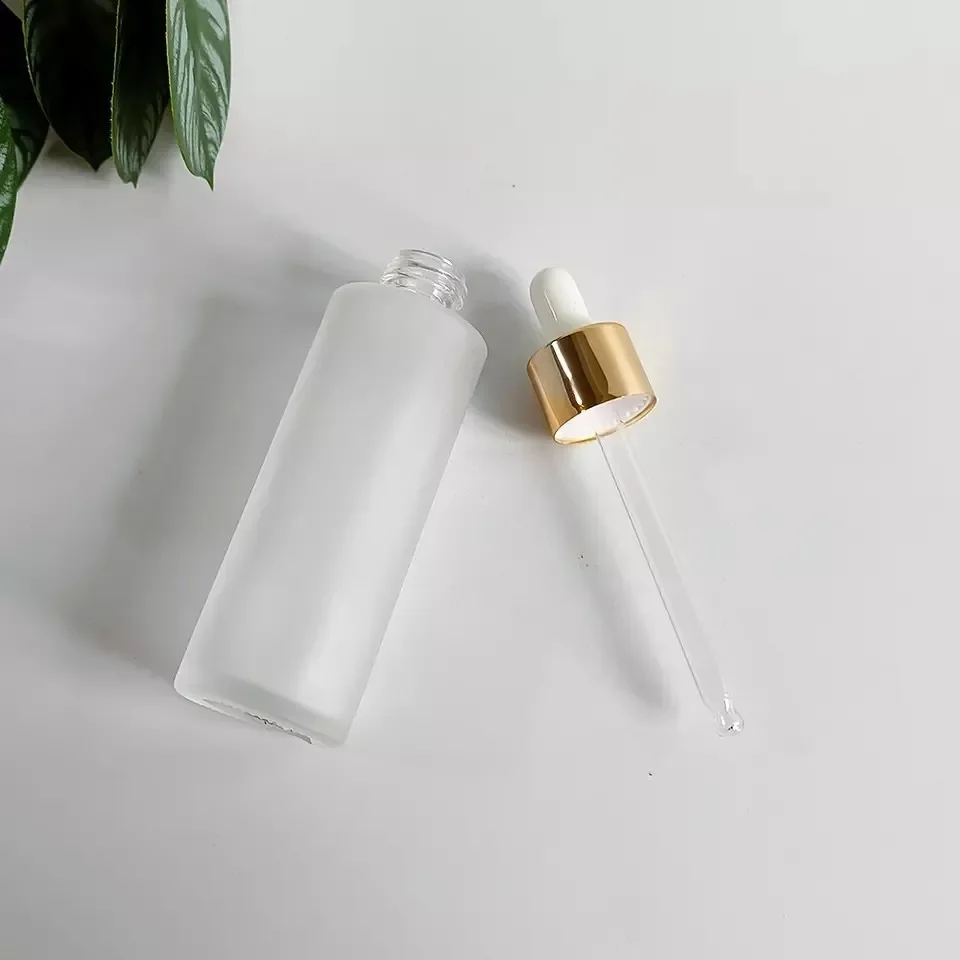 Frosted Flat Shoulder Glass Customized Cuticle Hair Frosted Glass Serum Dropper Bottle Essential Oil Bottle with Glass Pipette