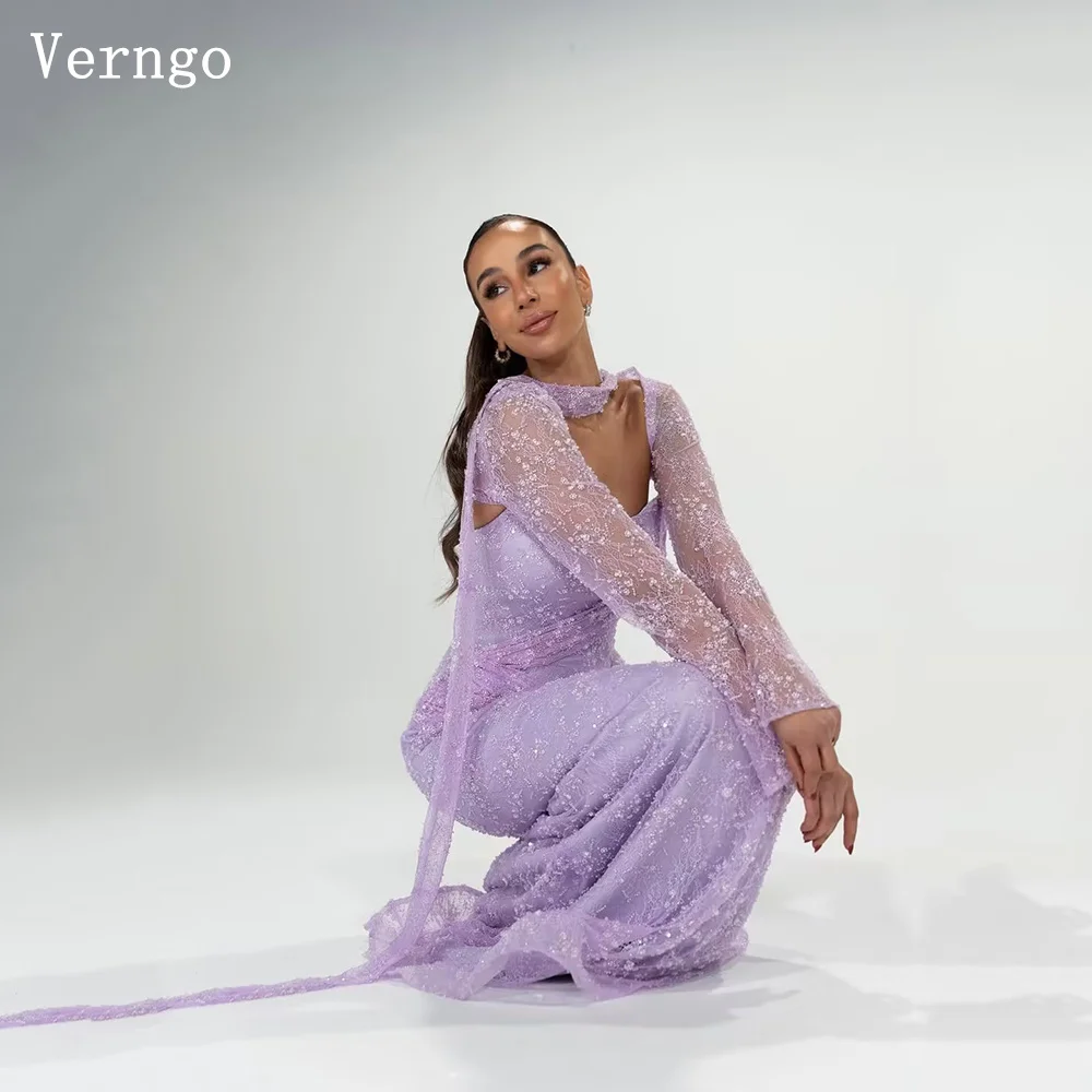 

Verngo Purple Lace Luxury Evening Dress Square Collar Full Sleeves Formal Occasion Dress Eid Arabia Prom Gown Customized