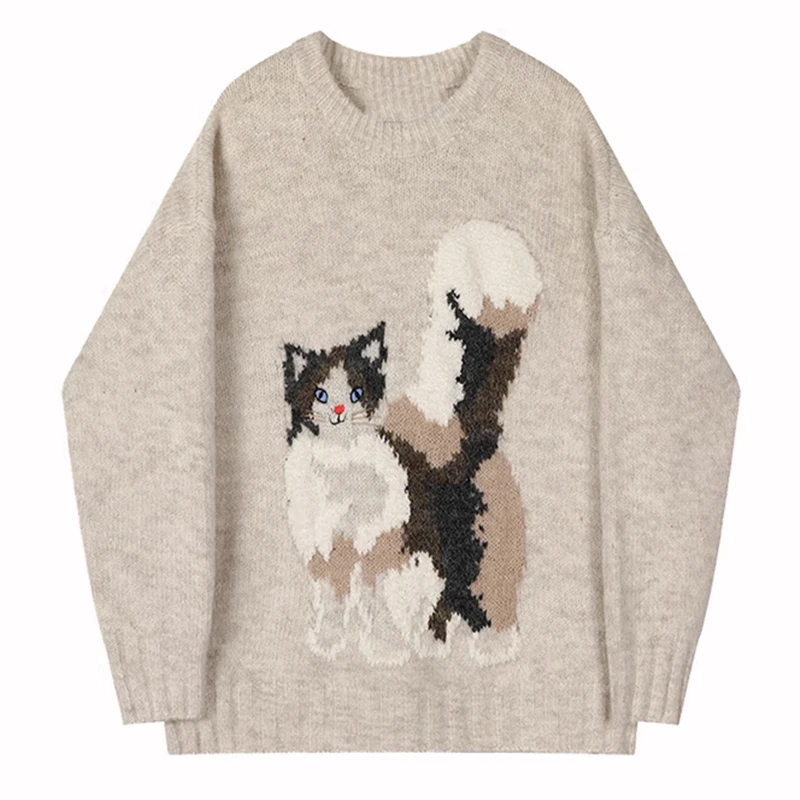 European Brand Oil Painting Cat Cute Elegant Sweaters Women Lady Autumn Winter Y2K Pullovers Comfortable Loose Knitwear Harajuku