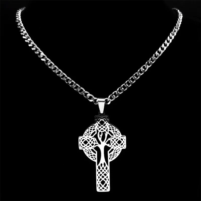 Tree of Life Cross Celtic Knot Necklace Women Men Stainless Steel Hollow Amulet Necklaces Jewelry cadenas para hombre 3223