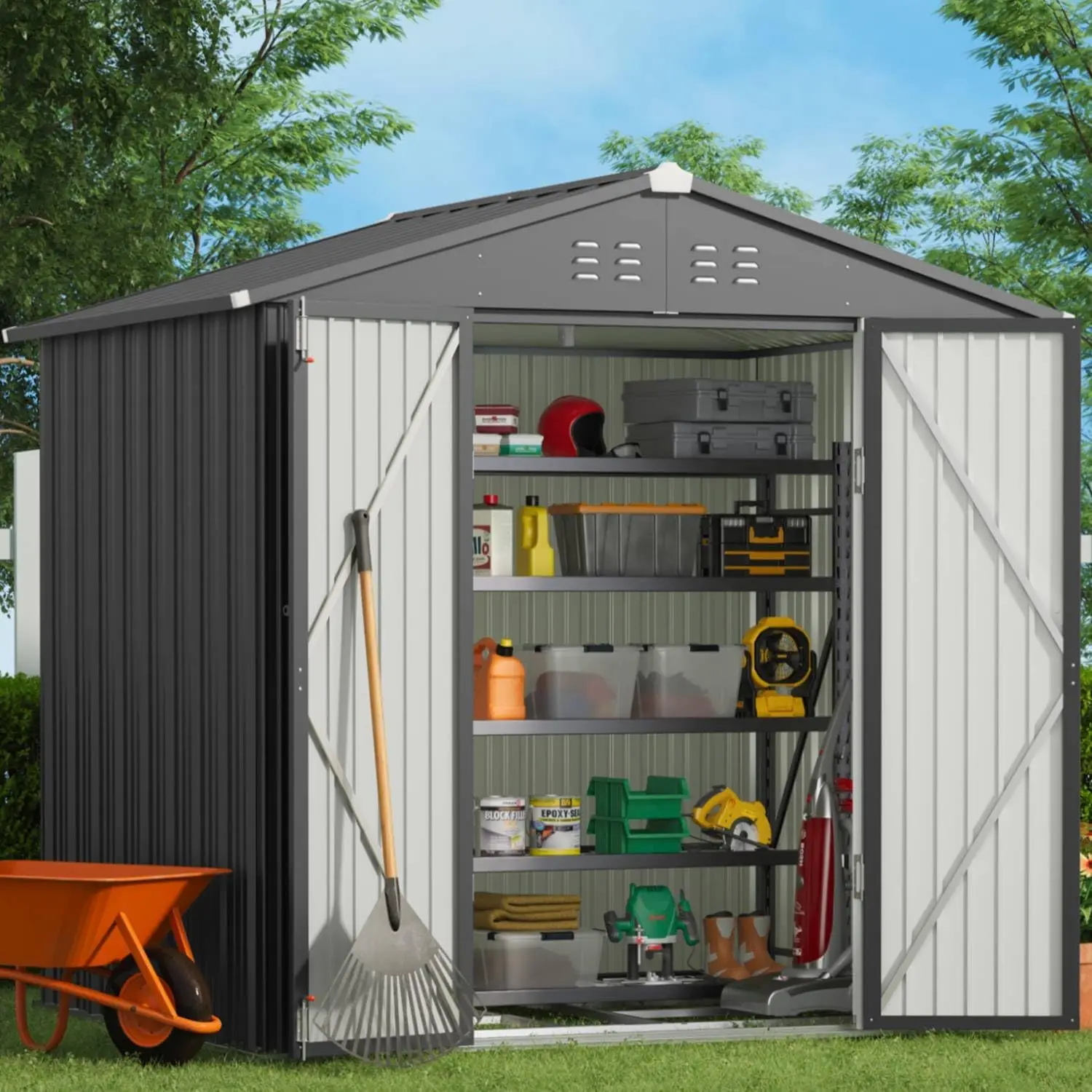 

Outdoor Storage Shed 8 x 6 FT with Metal Base Frame, Galvanized Metal Garden Shed with Double Lockable Doors, for Backyard, Grey