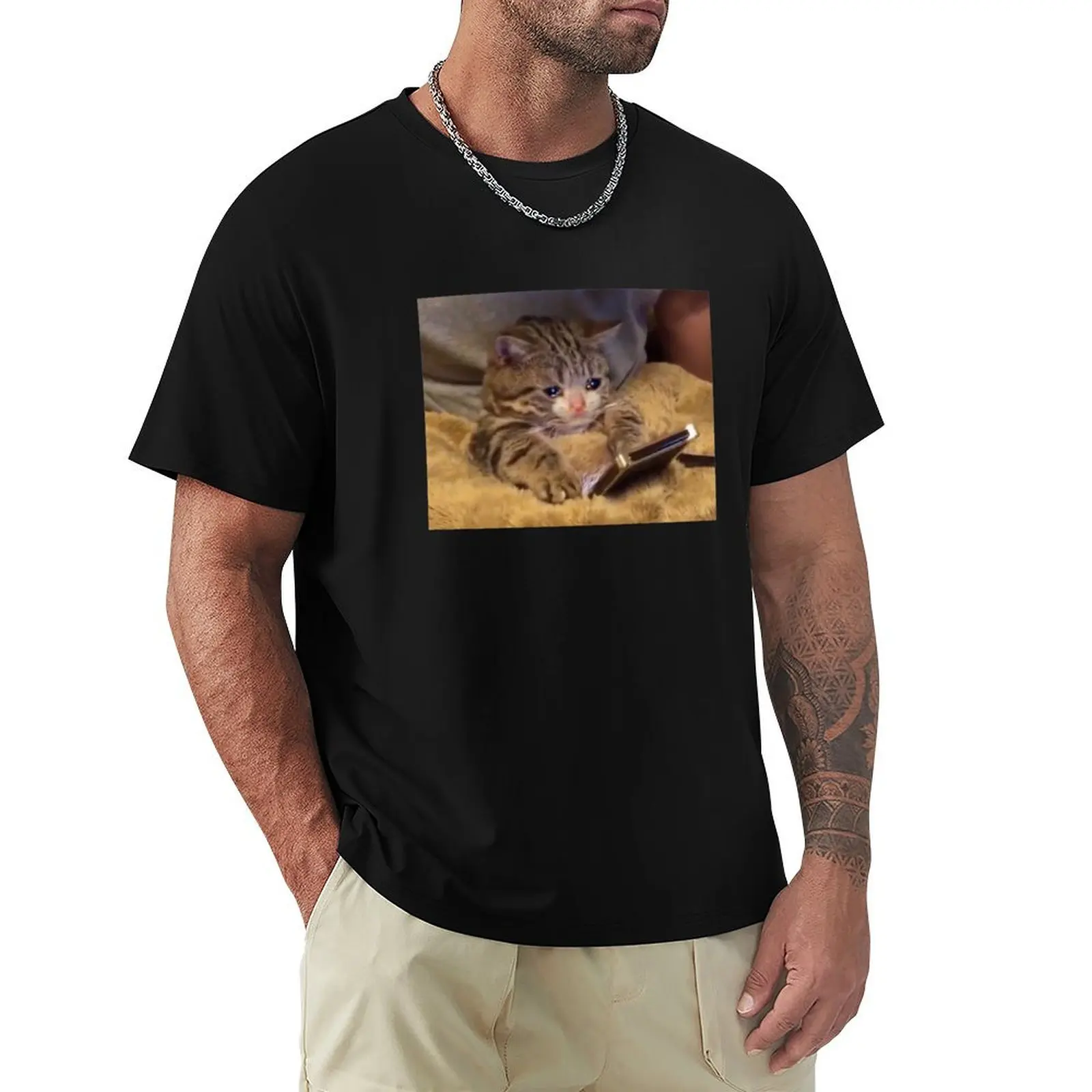 

sad cat with phone T-Shirt Everyday Wear Basic Short Sleeve Top