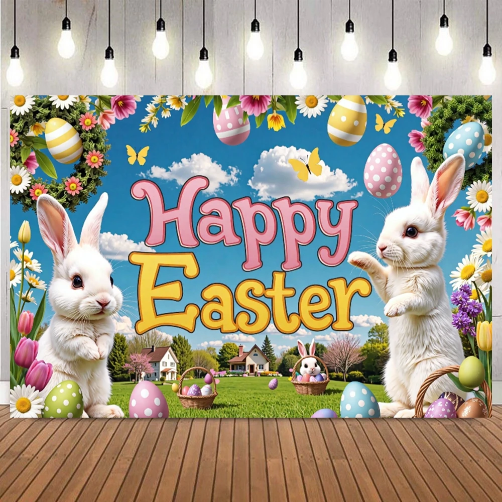 

Happy Easter Photography Background Garden Bunny Colorful Egg Kids Birthday Party Portrait Home Decor Photo Backdrop Studio Prop