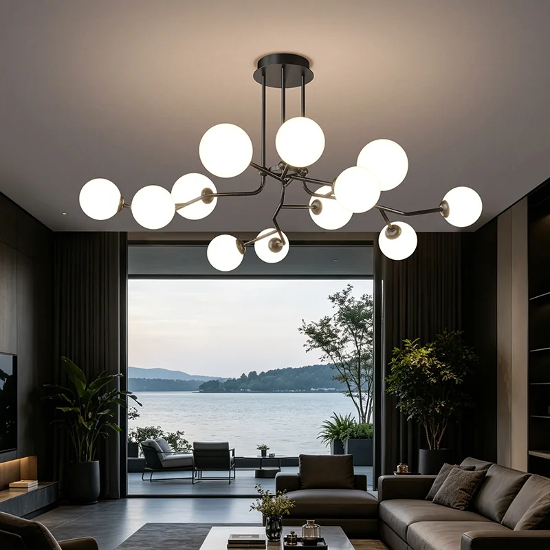 Nordic minimalist home decor lighting fixtures, including living room chandeliers, bedroom and dining room chandeliers, and indo