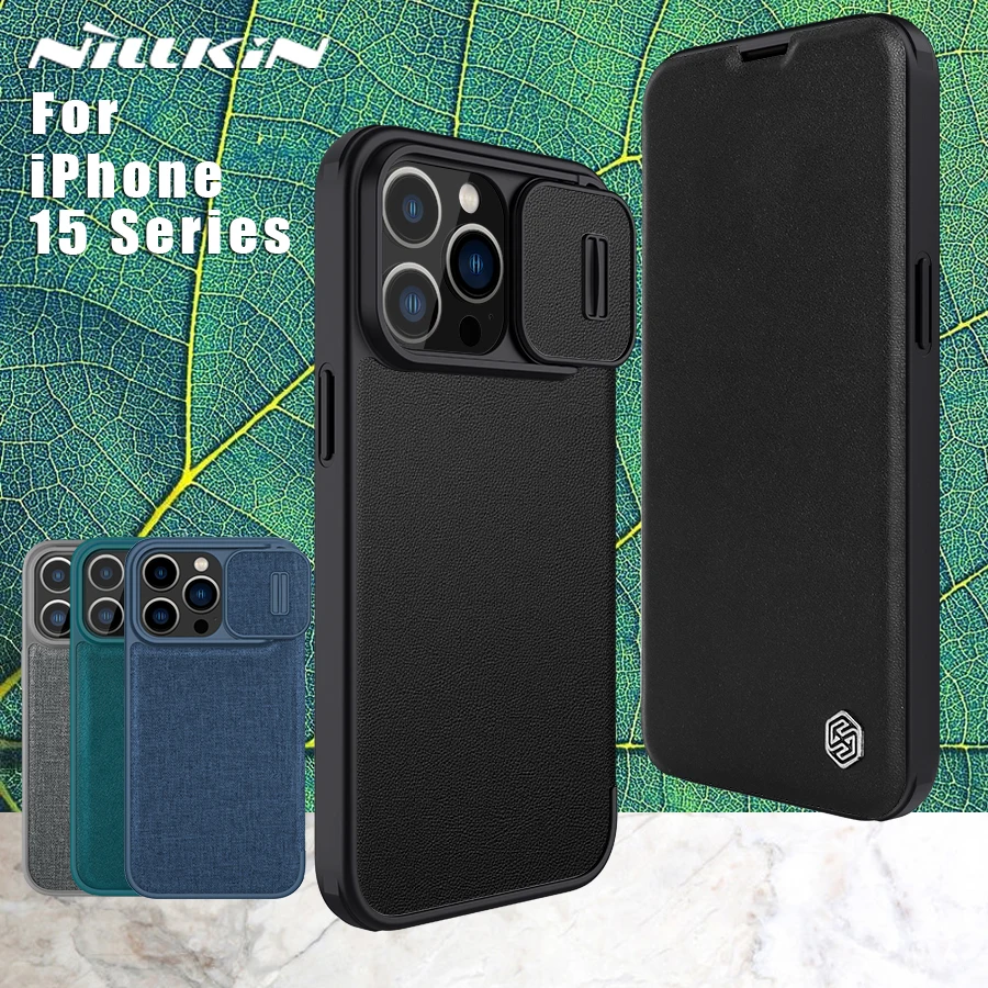 

Чехол NILLKIN для iPhone 15 Pro Max/15 Pro/15 Plus/15 Camshield, тканевый объектив, откидная кожаная задняя крышка с слотом для карт