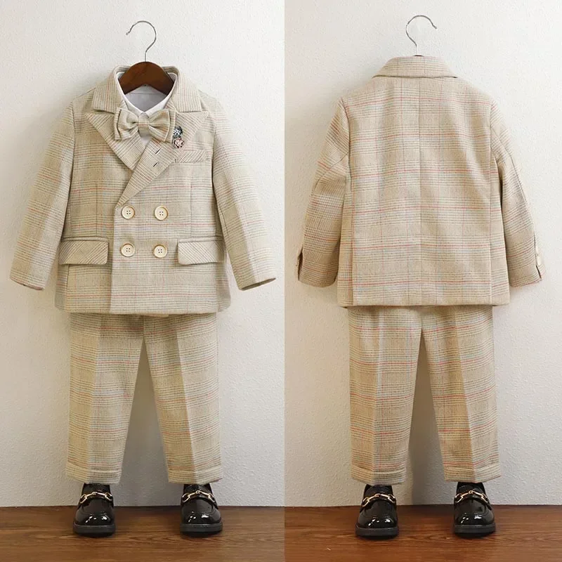 Kid's Wedding Suit 8 To 12 Y Boys Autumn Clothes Fashion Double-breasted Plaid Blazer Set Formal Child Piano Performance Costume