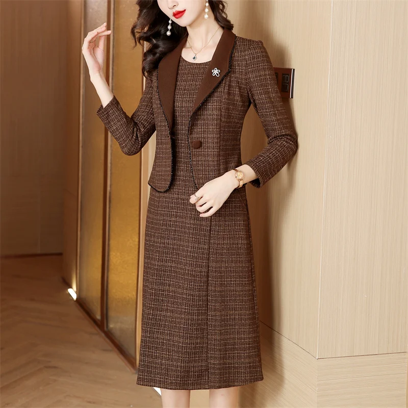 2023 Autumn/Winter New Women\'s Suit Coat Long Dress Two Piece Set Loose Large Casual Plaid Print Jacket Knee Length Dress Set