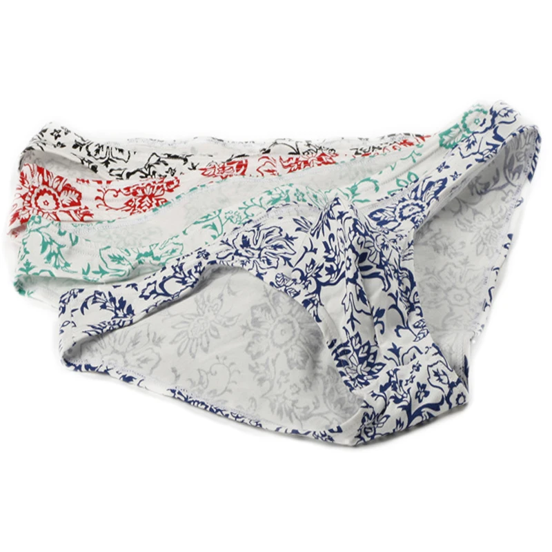 

4PCS Underwear Sexy Men Briefs Cotton Flowers Print U Convex Breathable Low Waist Underpants Bikini Slip Sissy Panties for Men