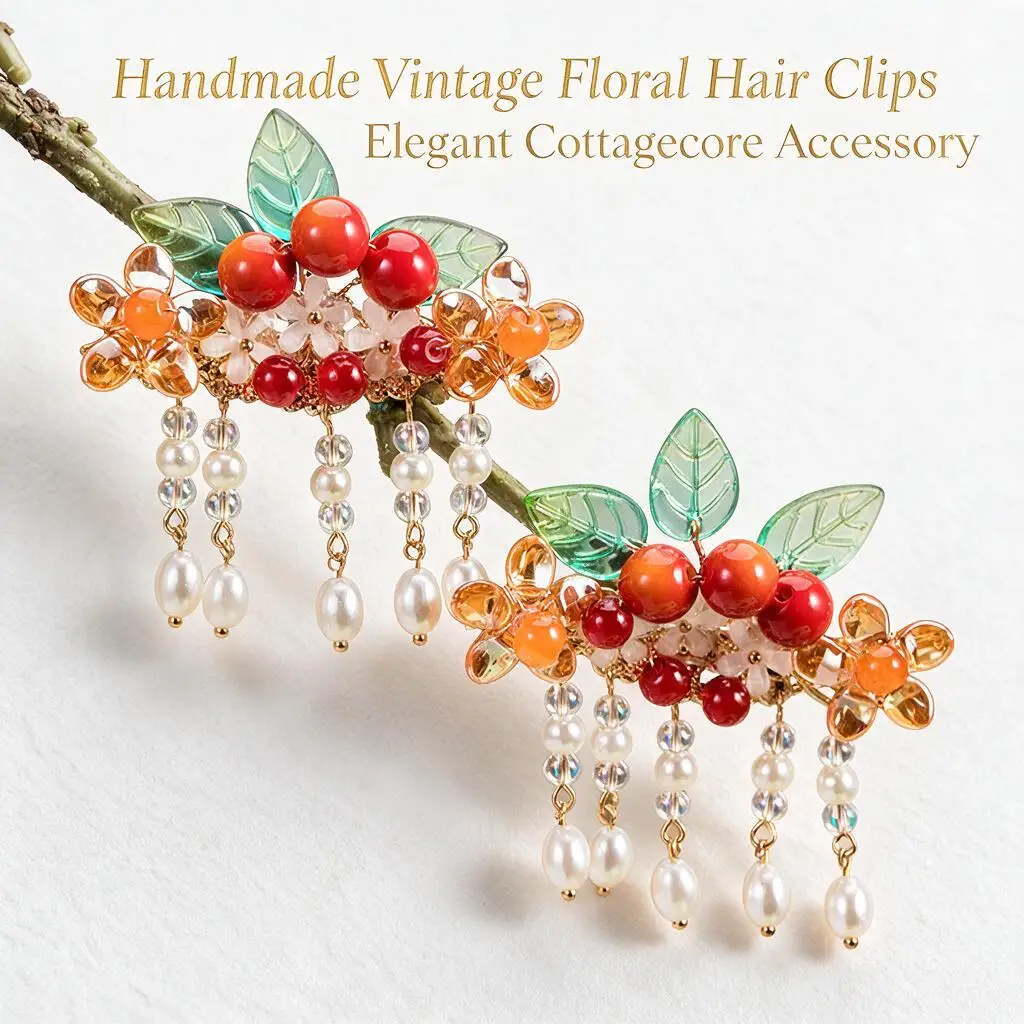 Vintage Hanfu Hair Clips Pair Red Berry Pearl Tassel Hairpins Ancient Fairy Style Hair Accessories For Women Cosplay Daily Wear