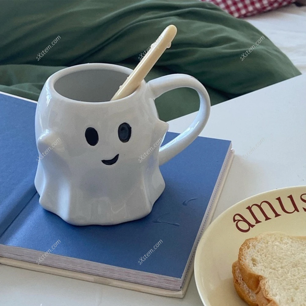 Halloween Elf Ceramic Mug Cute Cartoon Ghost Elf Elves Porcelain Tea Cup With Stirring Rod Drinkware Gift for Kids