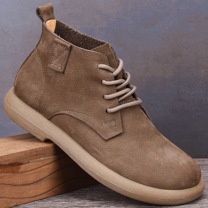 

Autumn Winter Men's Genuine Leather Boots Retro Briti Faion Mid-Calf Soft Bot Boots Youth And Middle-Aged Suitable