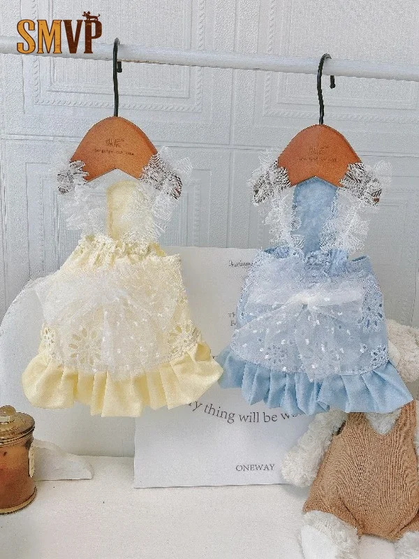 Delicate Pet Matching Pair Dresses Charming Hollow Out Embroidery Lace Accent Lovely Bow Flounced Dress Adorable Daily Garment