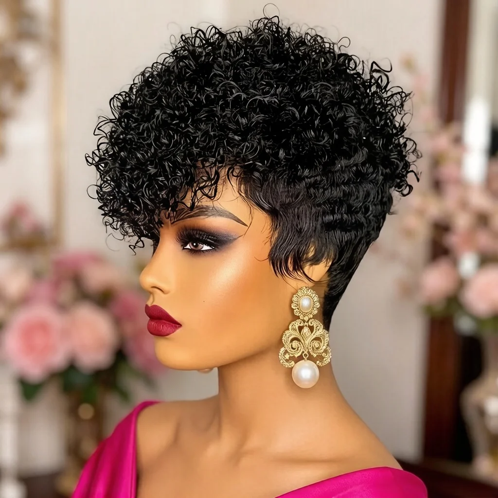 

Natural Black Short Pixie Cut Wig Curly Human Hair Wig with Pre Plucked Bangs for Women Brazilian Hair Machine Made Wig