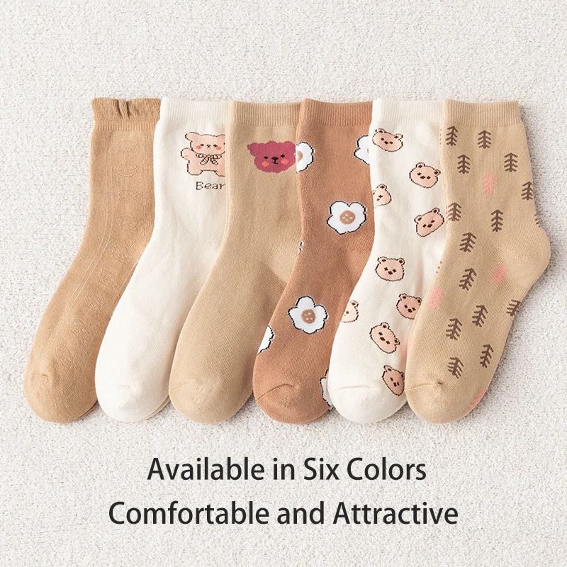 6 Pairs of Women's Autumn and Winter Cartoon Cute Little Bear Flowers Sweet College Style Thick and Warm Loop Middle Tube Socks