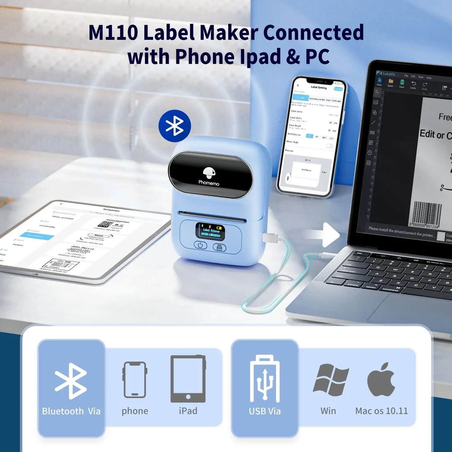 Imagem -02 - Label Makers Barcode Printer Bluetooth Impressora Térmica Portátil Small Business Address Logo Vestuário Phomemo-m110