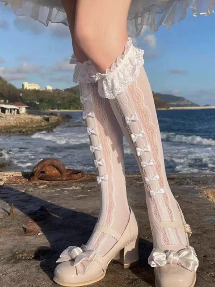 Japanese lo bow socks lace stacking sock lolita tube socks sweetheart girl cute sweet beautiful women sock with skirt