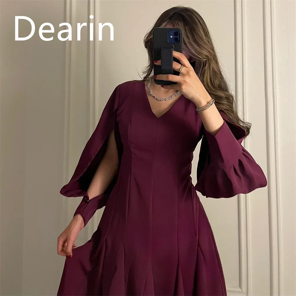 Customized Formal Dress Dearin V-neck A-line Tea Length Skirts Fold Bespoke Occasion Dresses Evening Prom Gown Saudi Arabia