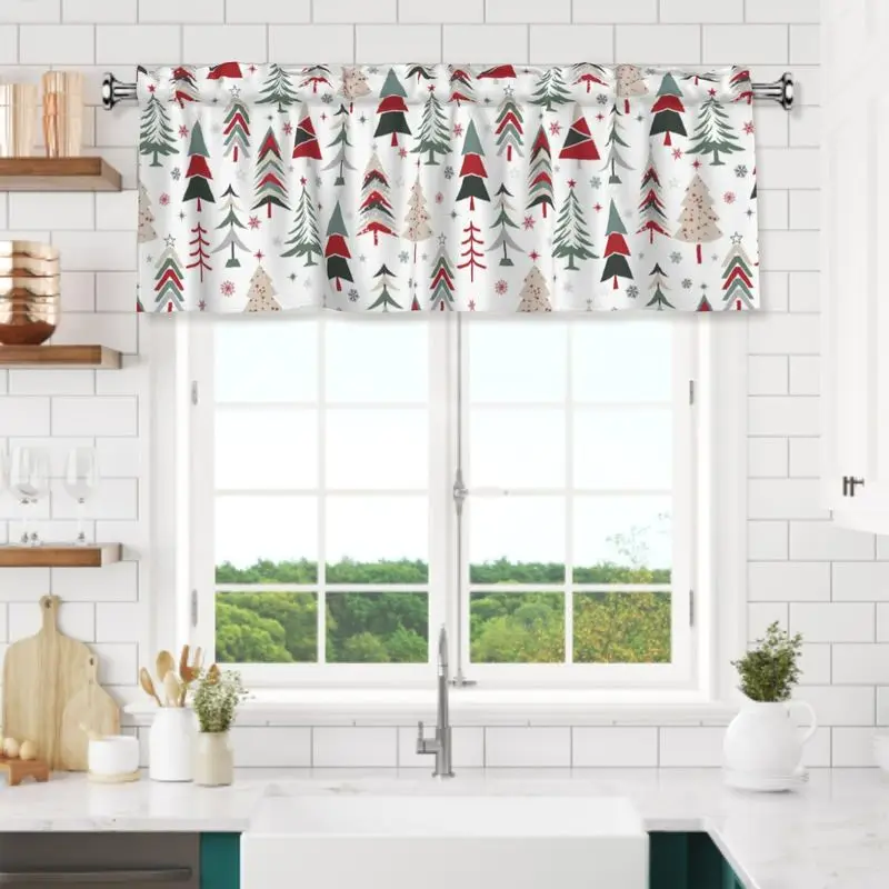VIKAMA Christmas Short Curtains Valances Boho Xmas Tree Snowflake Pattern Kitchen Living Room Holiday Window Curtain Decor