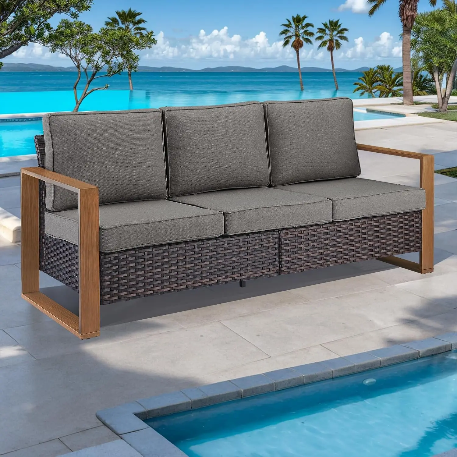 3-Seat Outdoor Wicker Sofa Grey Cushion Wooden Armrest Water Fade Resistant Removable Cover Patio Garden Furniture, Customized