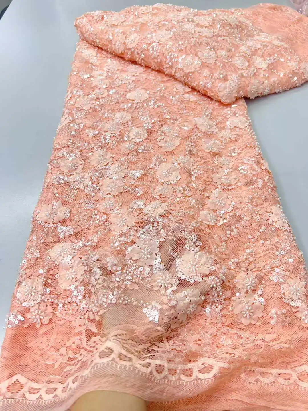 

Африканское кружево класса люкс с 3D-вышивкой, 2026, нигерийское, ручной работы, с бисером и пайетками, сетчатое, для свадебного платья