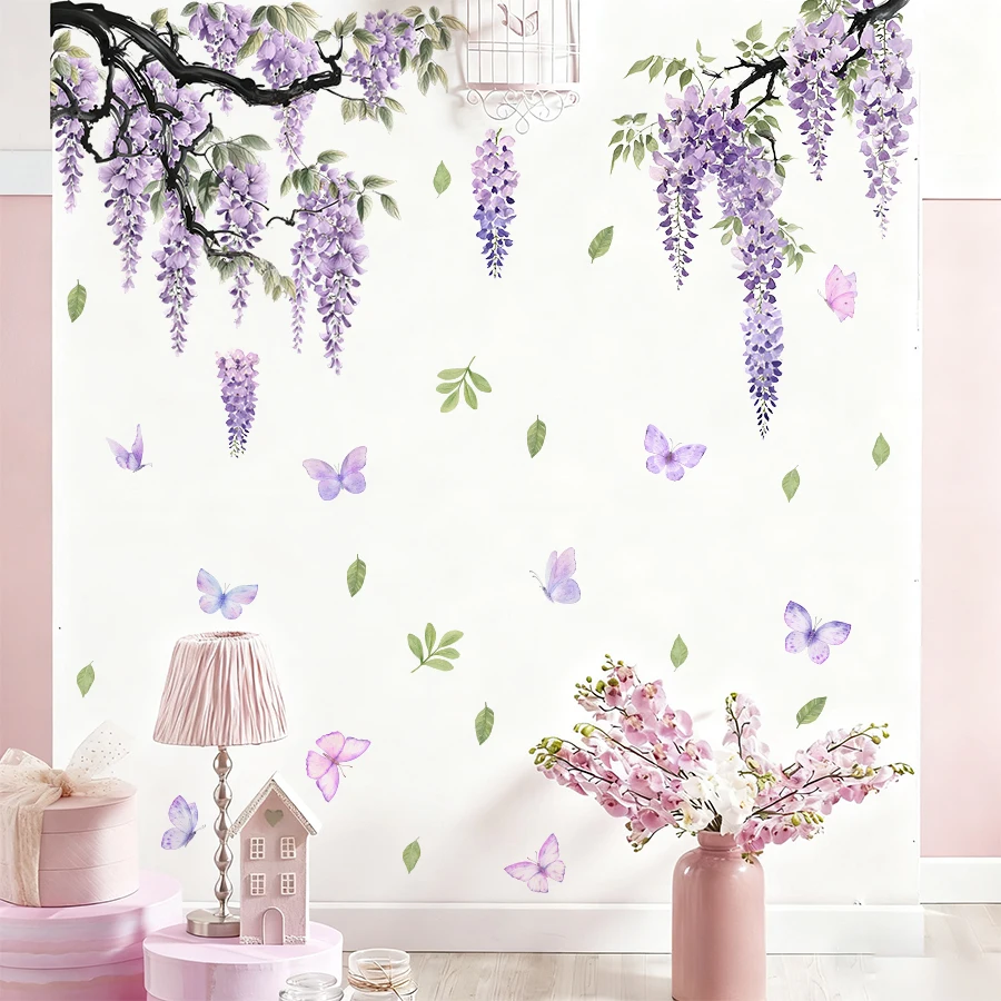 2Pc Wisteria Flower Butterfly Wall Decals For Girls Bedroom Living Room Decor Removable Vinyl Stickers Art Mural Home Decoration